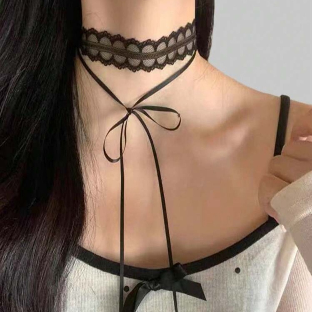 Black Lace Choker with Bow Accent